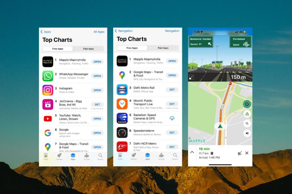 Mappls MapmyIndia is at the top on Apple App Store & Android Play Store, In terms of navigation apps.